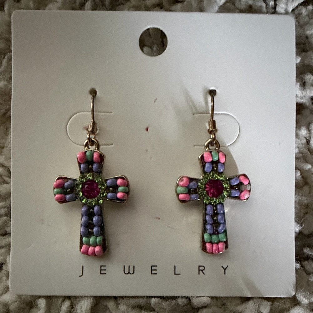 Pink and Purple Beaded Cross Drop Earrings